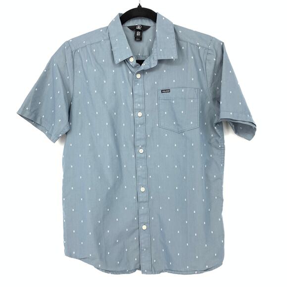 Volcom Short Sleeve Button Front Shirt Boys Size XL Blue Dot Print Collared - Picture 1 of 7